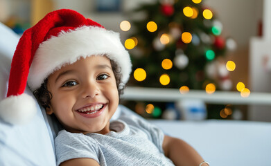 Smiling child wearing a Santa hat with a Christmas tree in the background decorated with lights.