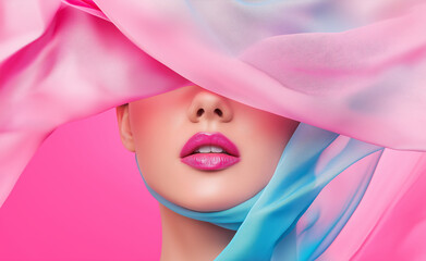 Fototapeta premium Vibrant close-up of a woman's lips with flowing pink and blue fabric partially covering her face.