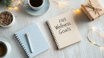 A serene flat lay featuring two notebooks, a coffee, and a gift box, emphasizing wellness goals for 2025 amidst cozy decor.