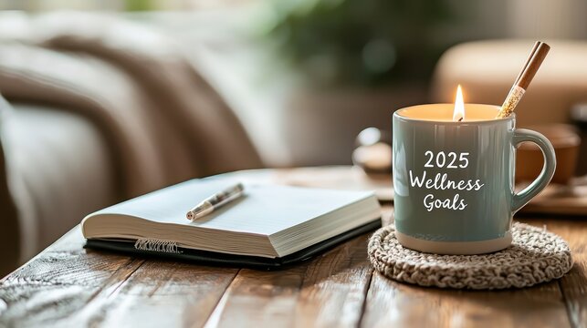 A serene workspace featuring a cozy mug with a candle, an open notebook, and a pen, promoting wellness goals for 2025.