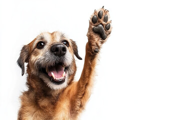 Fototapeta premium A cheerful dog raising its paw for a high five, isolated on a white background with ample space for copy