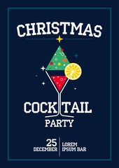 Christmas cocktail party poster, banner, flyer design template. Martini glass and christmas tree, text tipography