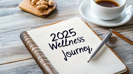 A notebook with "2025 Wellness Journey" written on it, accompanied by a cup of coffee and a wooden dish of nuts, symbolizing health and mindfulness.