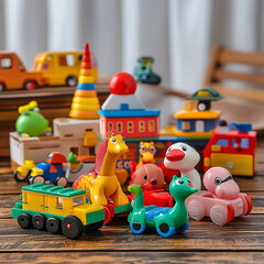 Obraz premium Kids toys set. Toy kid child preschool house baby game ball train yacht horse doll duck boat plane bear car pyramid