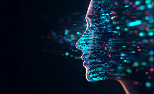 Close-up of a woman's face illuminated by green digital dots, suggesting facial recognition or biometric technology.