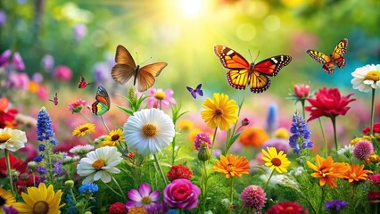 A vibrant and playful scene of a garden full of bright flowers and butterflies, playful, garden, butterflies, colorful