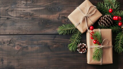 Festive Holiday Gifts Arranged Beautifully with Pine Branches and Pinecones on Rustic Wooden Background for a Cozy Christmas Atmosphere