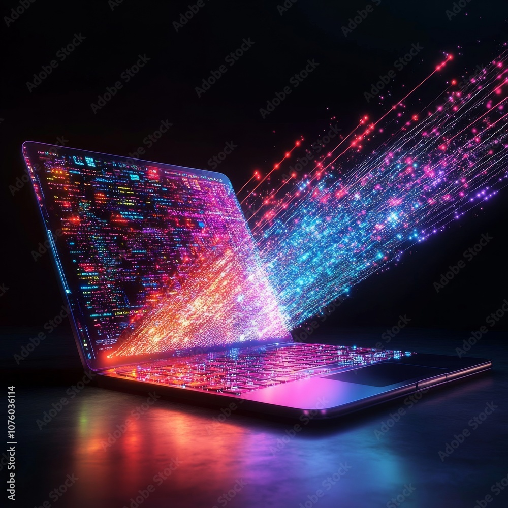 Poster a futuristic laptop with a bright light beam streaming out, representing the exciting world of onlin