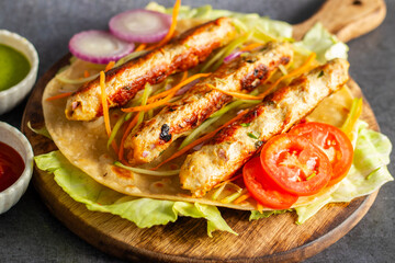 Juicy chicken seekh kebabs, perfectly spiced and grilled, served with refreshing mint chutney and tangy tomato sauce. Delicious!