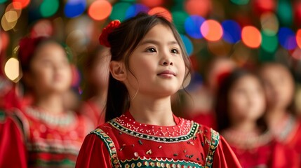 Fototapeta premium Young Girl in Traditional Christmas Dress Singing Joyfully Amid Colorful Holiday Lights During Festive Choir Performance with Other Children in Background