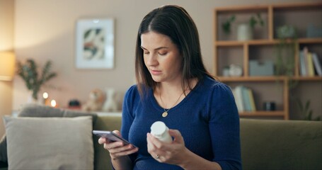 Pregnant woman, phone and research with medication for safe pregnancy, online advice or side...