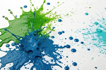 A vibrant paint splatter on a white background with shades of blue and green dominating the scene, artistic mess, paint splatter art, watercolor effect, abstract art