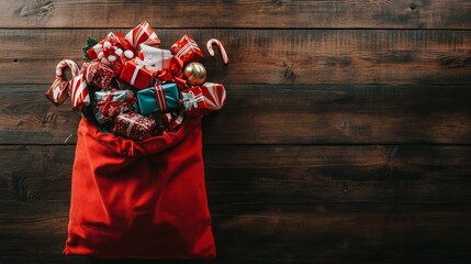 A red sack overflowing with colorful wrapped gifts and candy canes on a wooden surface.