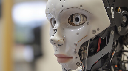 Fototapeta premium Close-Up of a Robot’s Face with Human Features Partially Revealed Underneath, suggesting a hybrid dominance