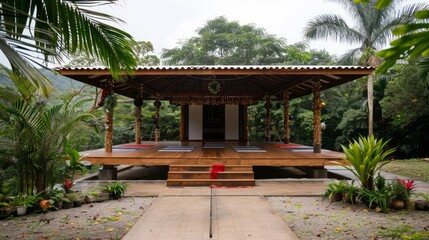 Serene Outdoor Pavilion Surrounded by Lush Greenery in Tropical Environment with Intricate Wooden Structure and Comfortable Relaxation Space