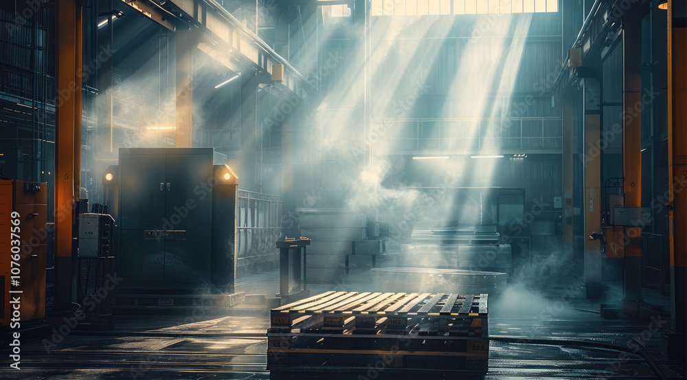 Poster A palletizing machine at factory, beautiful lighting on the machine, smoke for a wow effect.