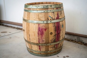 Fototapeta premium A wooden wine barrel with visible watercolor stains and natural patina, artistic decay, natural patina, wine spill, wooden barrel, watercolor stains