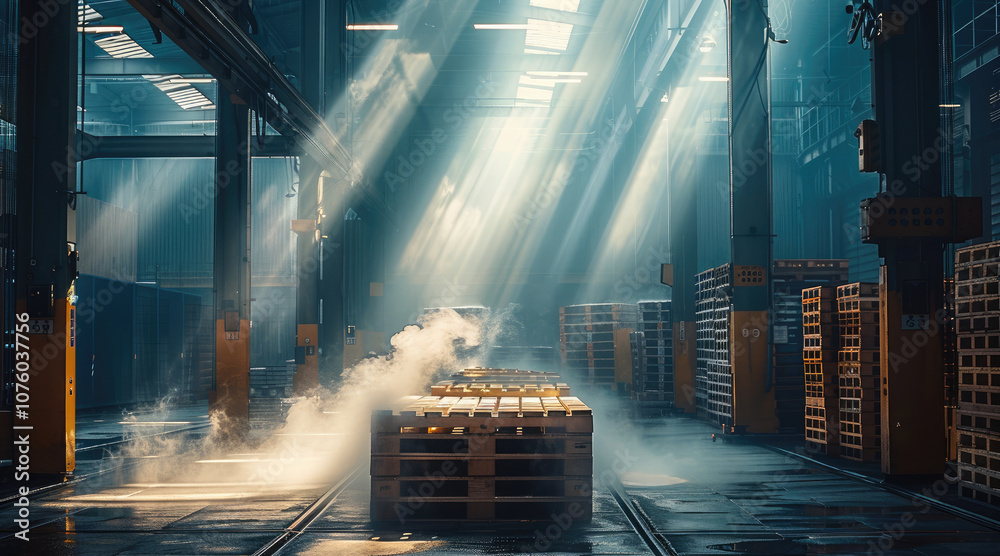 Poster A palletizing machine at factory, beautiful lighting on the machine, smoke for a wow effect.