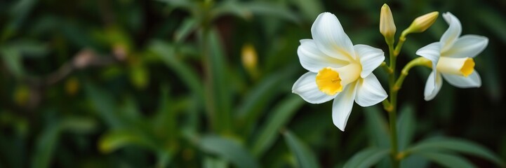 Beautiful white and yellow freesia flower blooming against green foliage background, freesia, petal