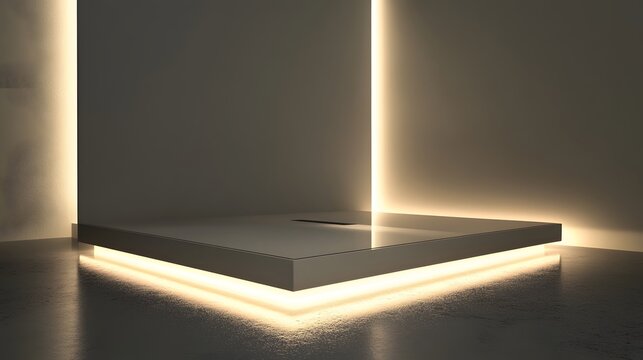43. A sleek 3D setting with illuminated edges and a large empty space for a product to sit in the center.