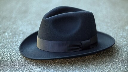 A classic black fedora hat resting on a textured surface.