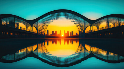 futuristic train station with energy efficient design, showcasing stunning sunset reflecting on water. architecture features unique curved structure against vibrant skyline