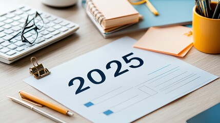 A workspace with a planner featuring the year 2025, surrounded by stationery, glasses, and a keyboard, indicating preparations for the upcoming year.