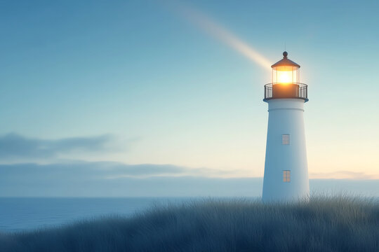 A serene lighthouse standing tall by the ocean, illuminating the night sky.