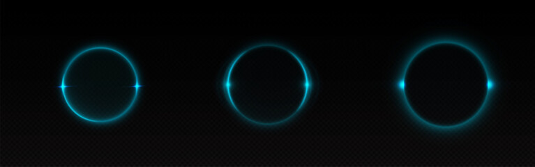 Blue light eclipse. Abstract space flare glow. Moon ring or sunrise neon edge with sparkle on orbit. Cosmic radial beam explosion design. Circle in night galaxy sky illustration. Sun rise near planet