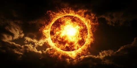 A fiery sun surrounded by dark clouds, depicting a dramatic celestial scene.