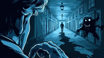 A dark, suspenseful scene featuring a figure in a corridor with a lurking creature.