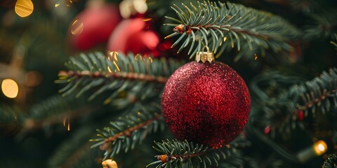 Beautiful Christmas Background with green fir tree brunch and red glittery toy close up. Copy space
