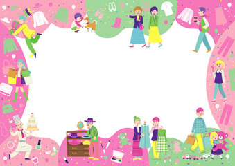 ショッピングする人々　フラットデザイン　A3　横長　春