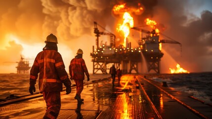 Workers Responding to Oil Rig Fire at Night