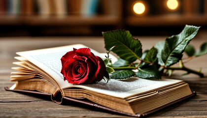 Romantic Red Rose on Open Book on Wooden Table