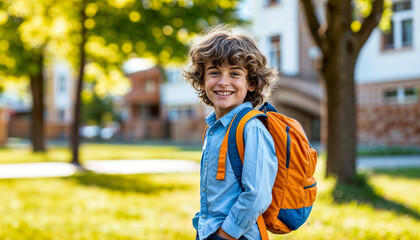 Fototapeta premium Smiling Schoolboy With Backpack in a Sunny Park