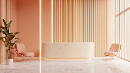 A beige reception desk and chairs in the luxury clinic lobby interior with a white marble floor, wall paneling, and wooden slats. Peach-colored walls. Modern medical office design concept