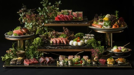 Fototapeta premium Lavish Japanese Banquet Spread on Elegant Display