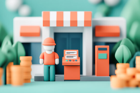A stylized figure in front of a small shop with a colorful facade and ATM.