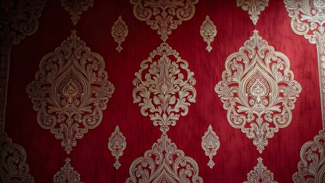 Maroon wallpaper with gold diamond patterns, adding vintage charm to sophisticated interiors.