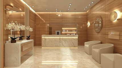 A luxury, modern reception area in a beauty salon with beige wood paneling on the walls and a white marble counter, designed for a medical clinic interior