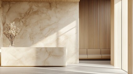 A luxury, modern reception area in a beauty salon with beige wood paneling on the walls and a white marble counter, designed for a medical clinic interior
