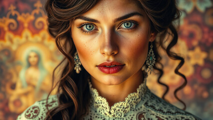 Fototapeta premium Elegant Woman in Lace Dress with Artistic Background