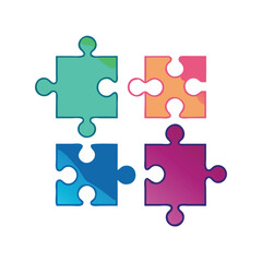 Colorful puzzle pieces icon interconnected, symbolizing teamwork, solutions, and collaboration.