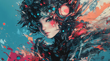 Digital, futuristic, stylish and cool Japanese anime-style illustrations that seem to be inspired by generative AI.