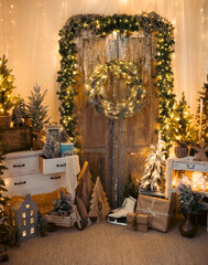 Creative wooden photo zone with Christmas and winter elements