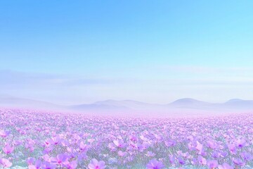Fototapeta premium Field of purple flowers with bright sun in the background. The scene is peaceful and serene, background for design works. Spring joyful background.