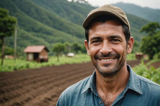 Close portrait of a smiling 40s Costa Rican male farmer standing and looking at the camera, outdoors Costa Rican rural blurred background