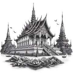 Golden spires of ancient Laos temples pierce the azure sky, a testament to centuries of rich Buddhist culture and architectural splendor