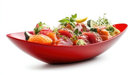 Vibrant Red Boat Bowl Brimming with Fresh Sushi